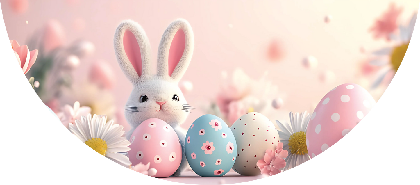 Cartoon bunny with Easter eggs and flowers on a pink background
