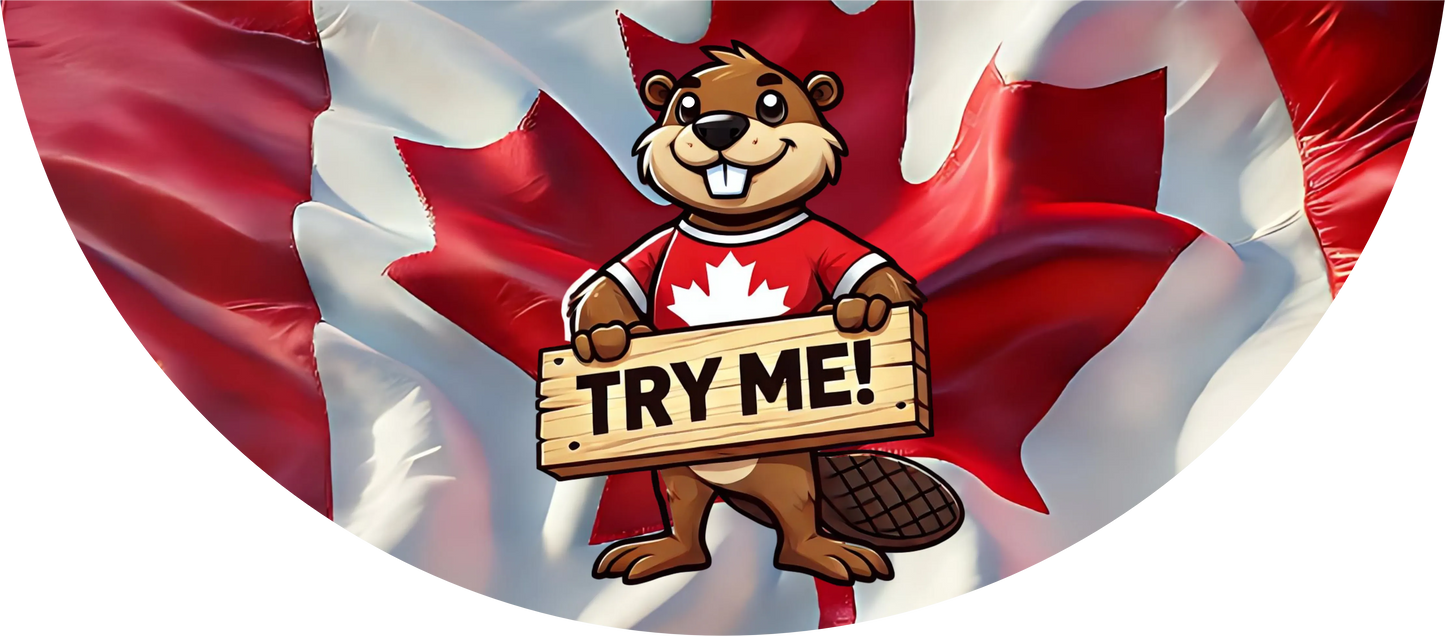 Cartoon beaver holding a 'Try Me!' sign in front of a Canadian flag