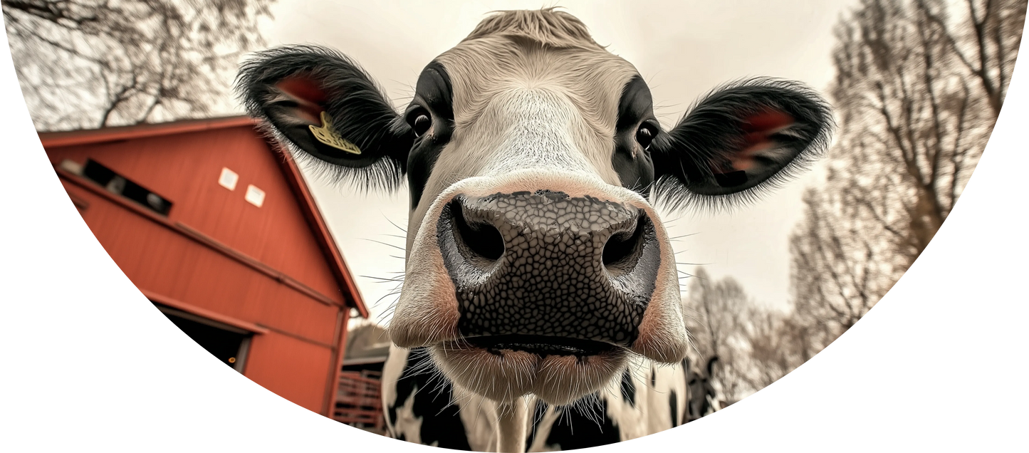 Close-up of a cow with a barn in the background