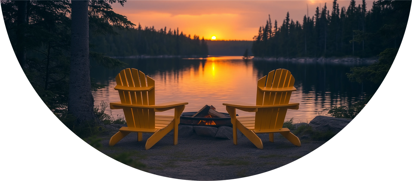 Two wooden Adirondack chairs by a lake at sunset.