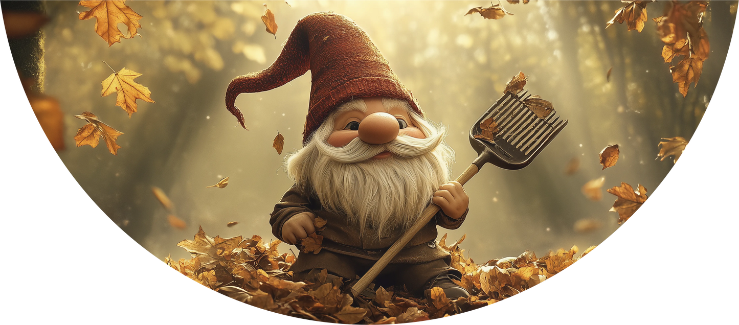 Gnome holding a rake amidst falling leaves in a forest setting