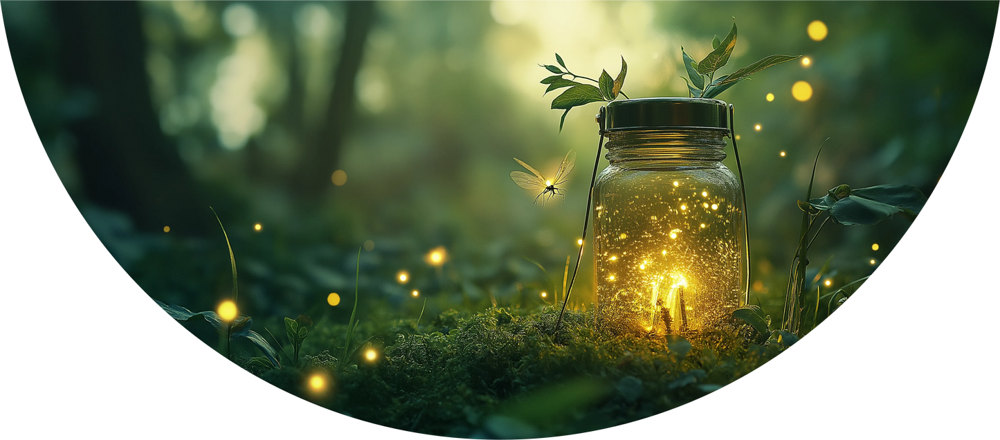 Mason jar with glowing lights surrounded by nature in a circular frame
