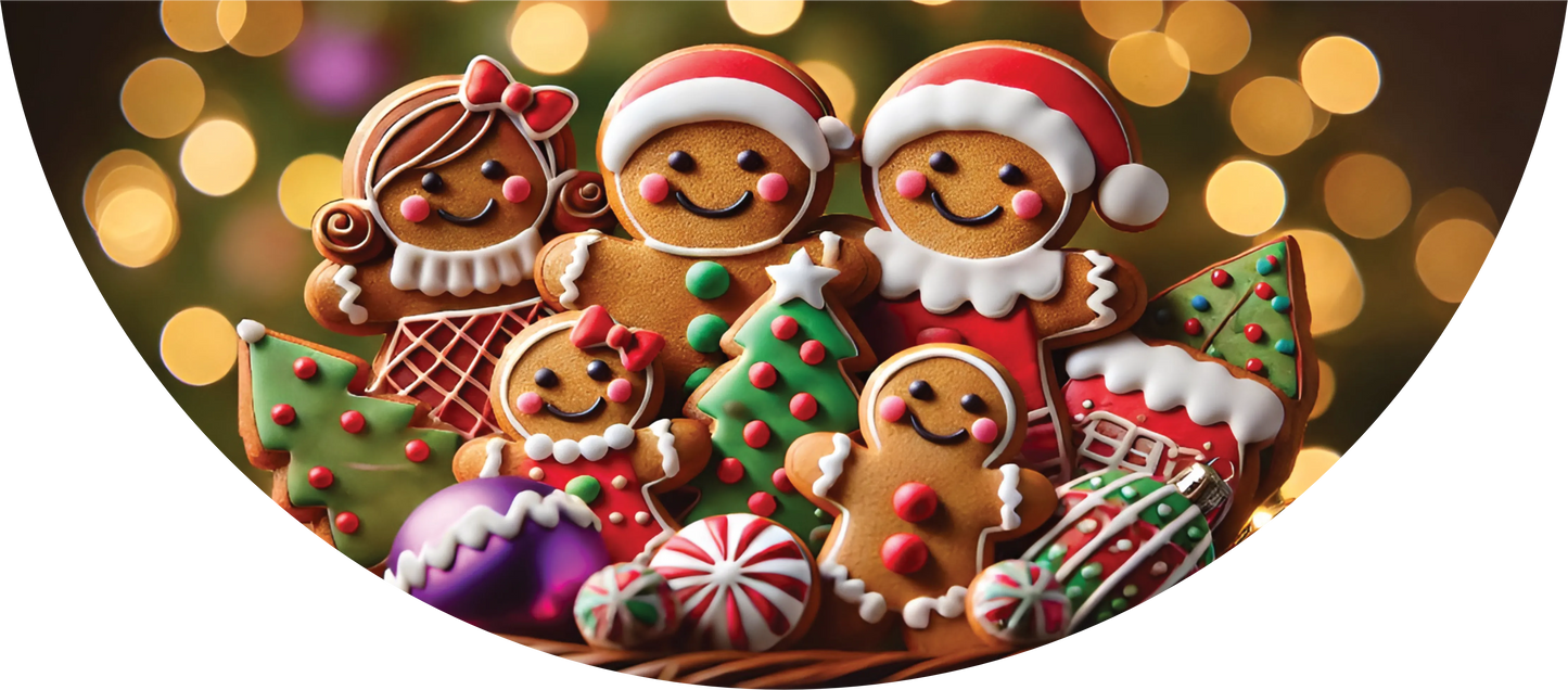 Decorative cookies shaped like gingerbread men with festive hats and candy, set against a bokeh background.