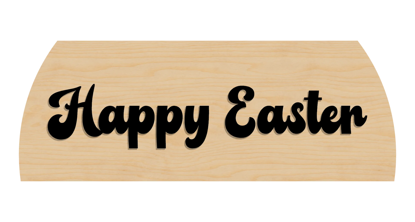Wooden sign with 'Happy Easter' text on a clean birch background
