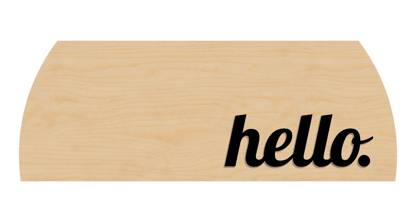 Wooden sign with 'Hello' text on a clean birch background