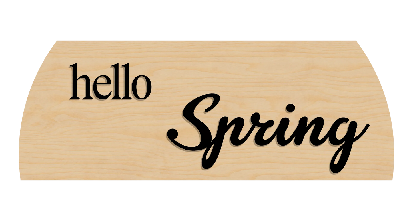 Wooden sign with 'Hello Spring' text on a clean birch background