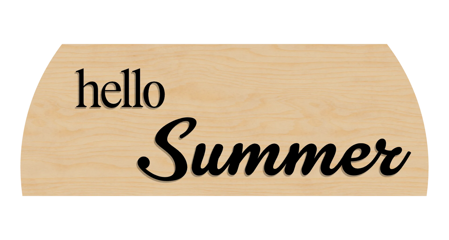 Wooden sign with 'Hello Summer' text on a clean birch background