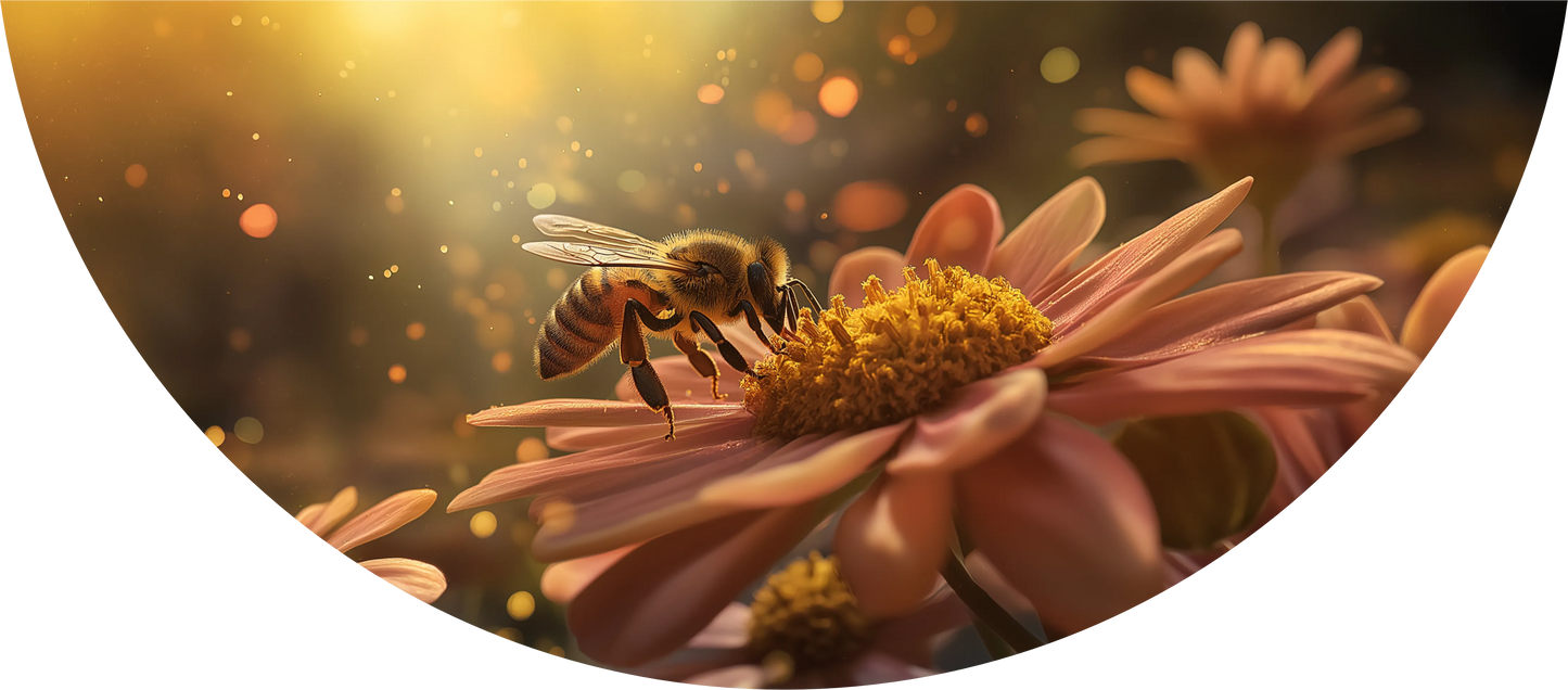 Bee on a flower with a warm, glowing light effect