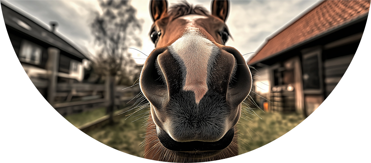 Close-up of a horse's face with a barn and trees in the background