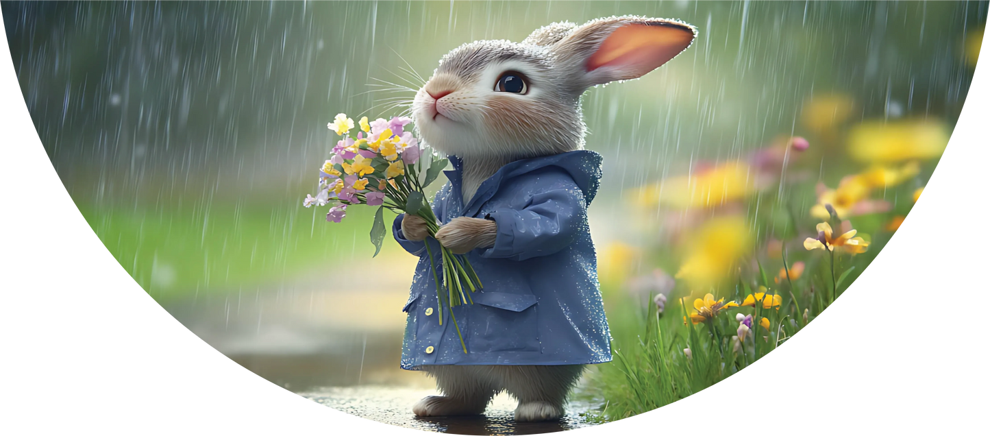 Animated rabbit holding flowers in the rain with a colorful background
