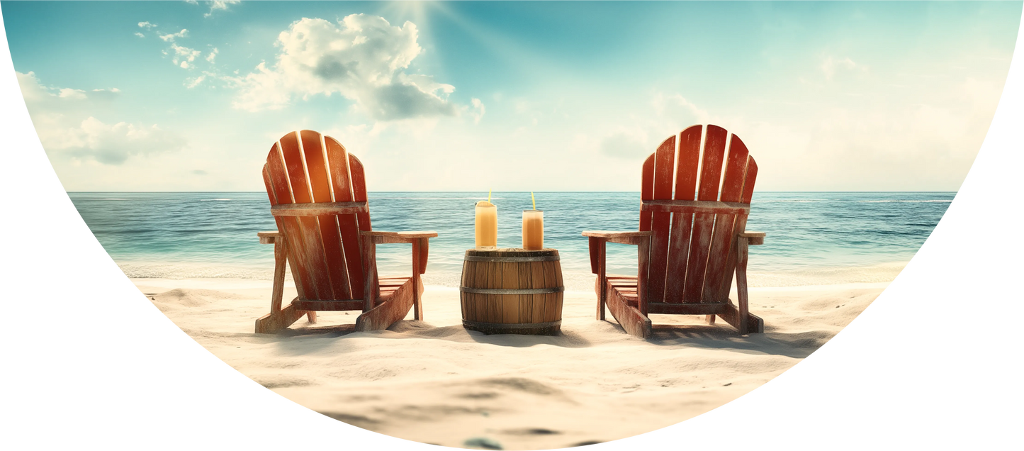 Two wooden Adirondack chairs on a sandy beach with a barrel and drinks, under a clear blue sky.