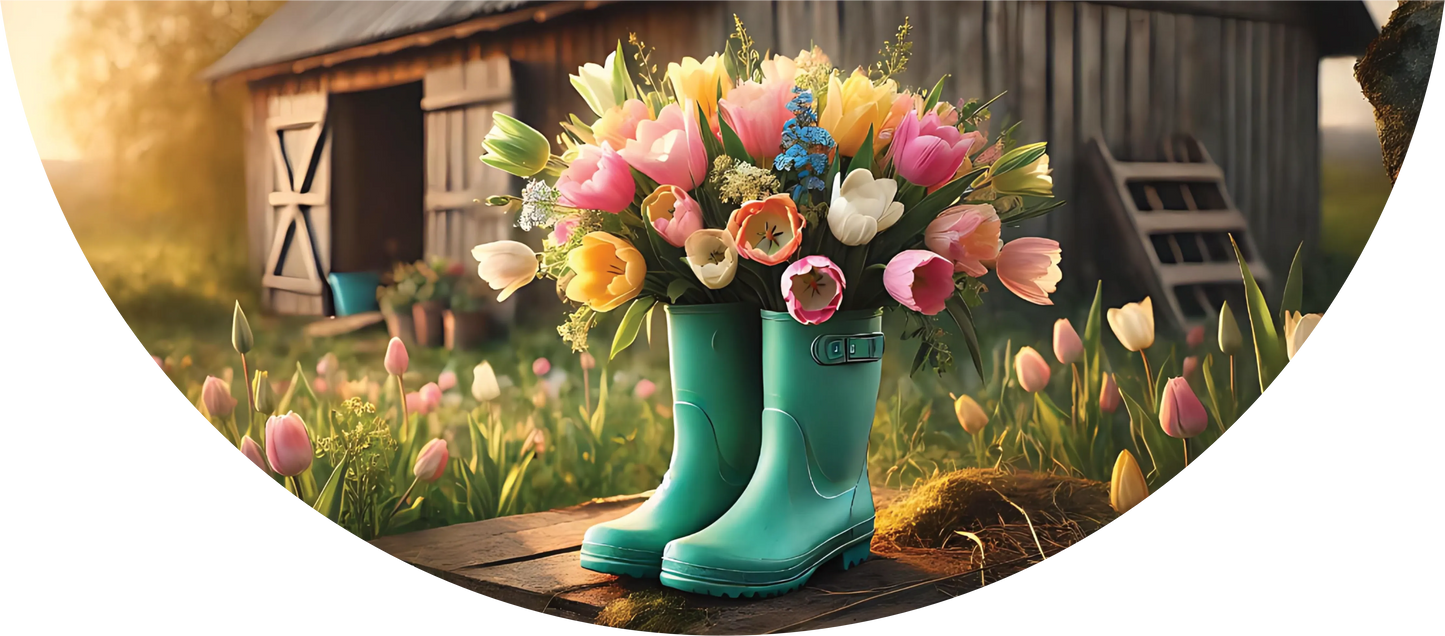 Turquoise rubber boots holding a bouquet of flowers in a garden setting with a wooden shed.