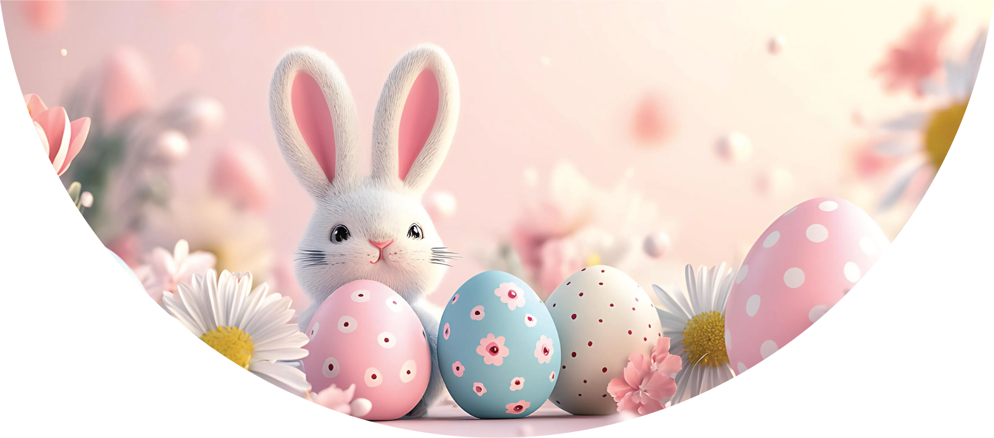 Cartoon bunny with Easter eggs and flowers on a pink background