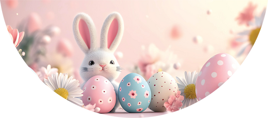 Cartoon bunny with Easter eggs and flowers on a pink background