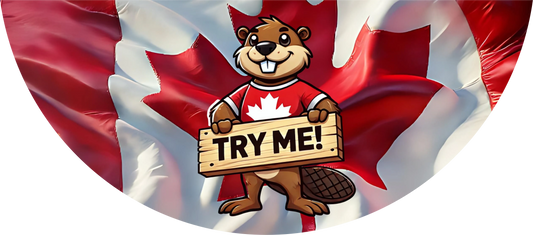 Cartoon beaver holding a 'Try Me!' sign in front of a Canadian flag