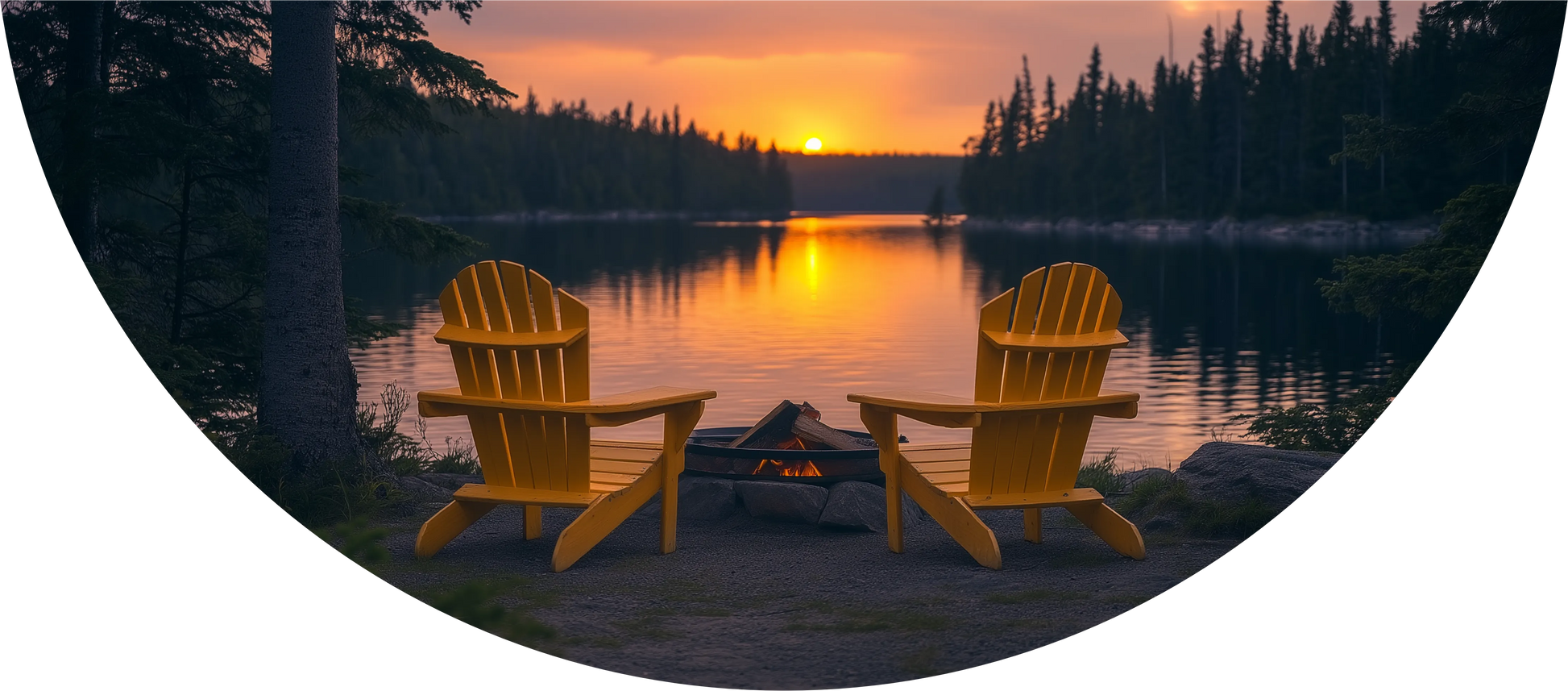 Two wooden Adirondack chairs by a lake at sunset.