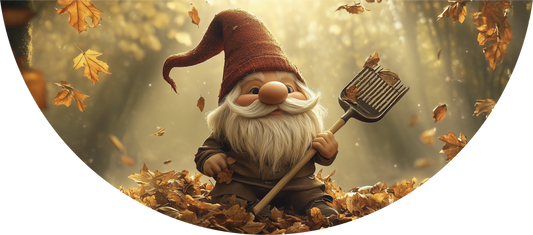 Gnome holding a rake amidst falling leaves in a forest setting