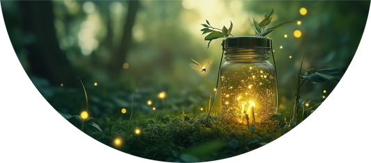 Mason jar with glowing lights surrounded by nature in a circular frame
