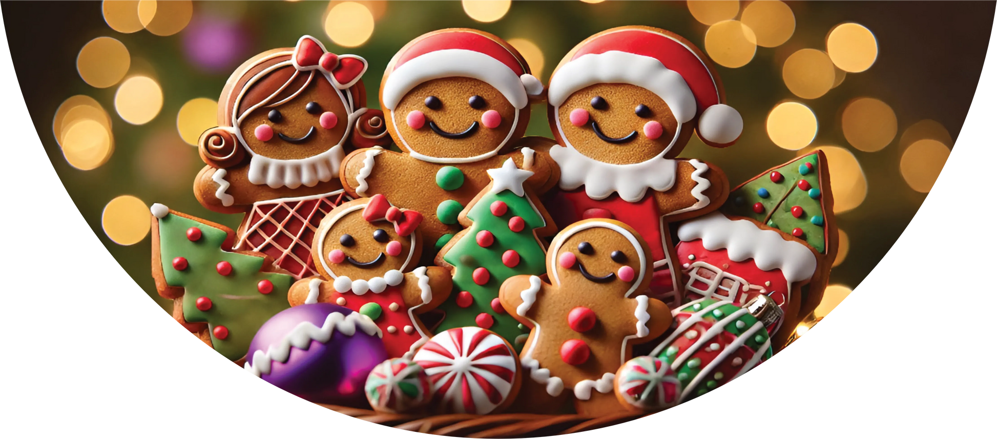 Decorative cookies shaped like gingerbread men with festive hats and candy, set against a bokeh background.