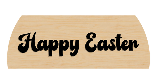 Wooden sign with 'Happy Easter' text on a clean birch background