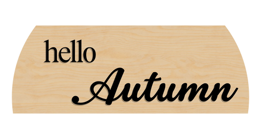 Wooden sign with 'Hello Autumn' text on a clean birch background