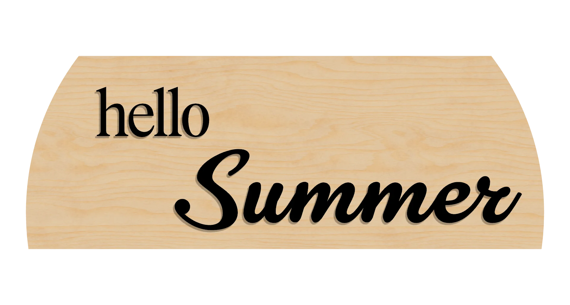 Wooden sign with 'Hello Summer' text on a clean birch background