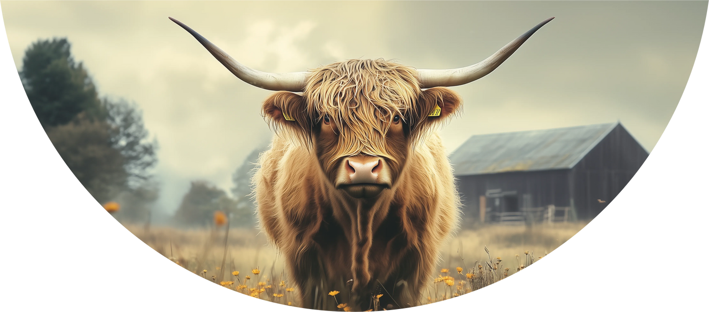 Highland cow standing in a field with a barn in the background