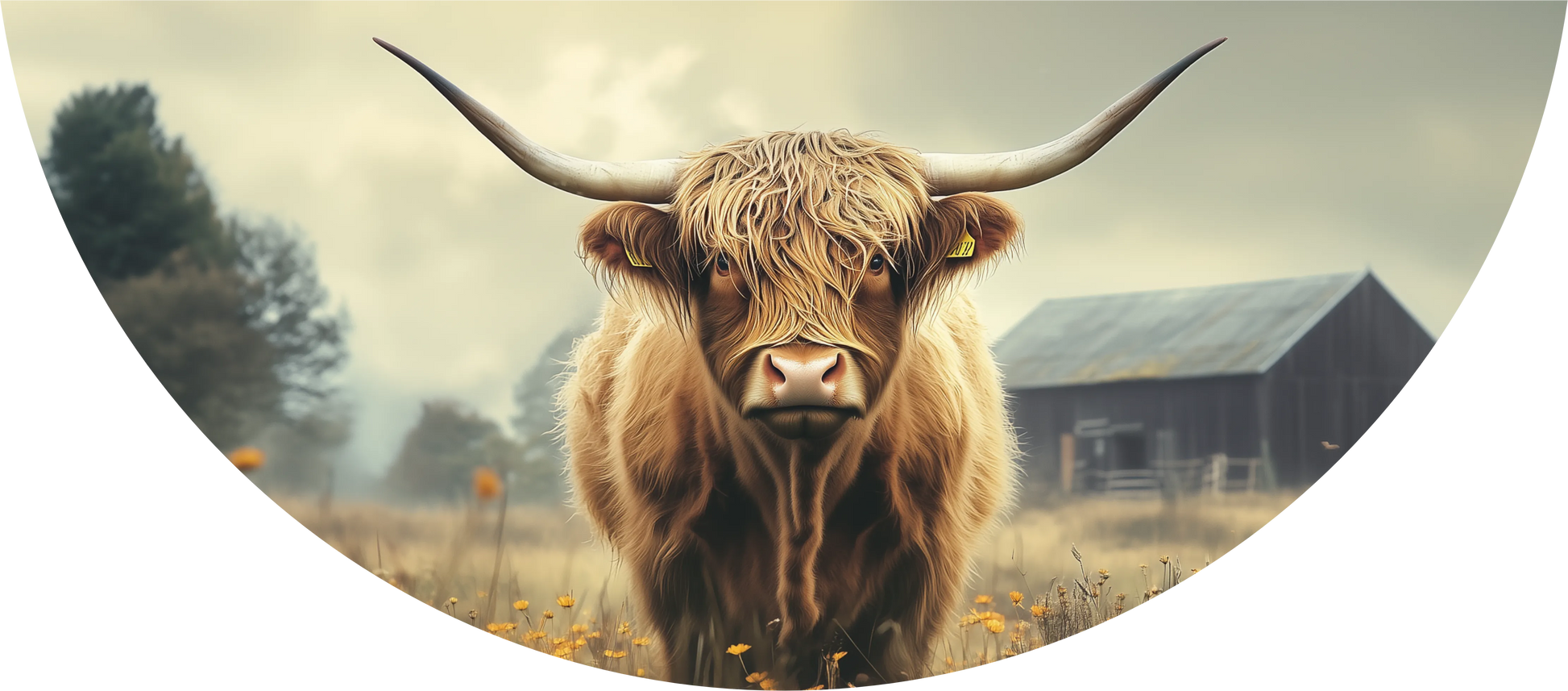 Highland cow standing in a field with a barn in the background