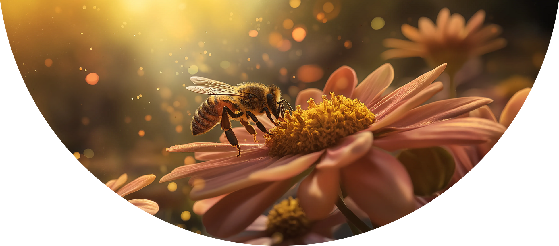 Bee on a flower with a warm, glowing light effect