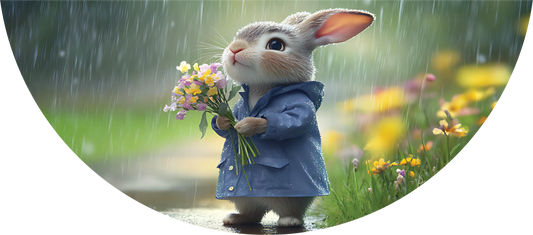 Animated rabbit holding flowers in the rain with a colorful background