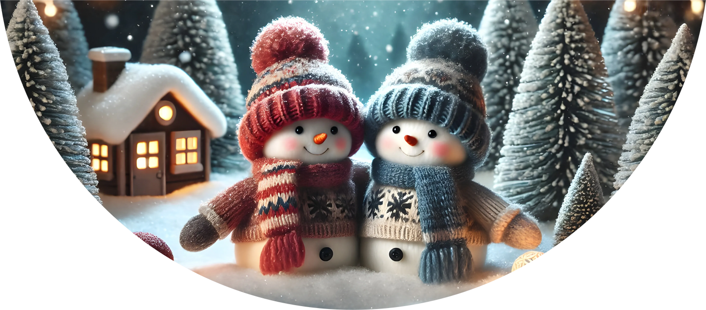 Two snowmen wearing colorful hats and scarves standing in a snowy landscape with trees and a small house.