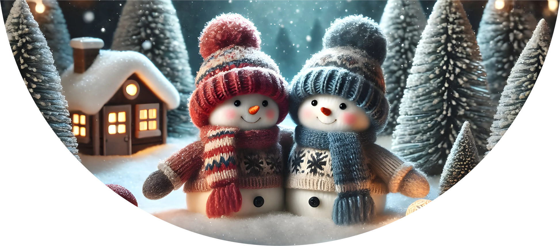 Two snowmen wearing colorful hats and scarves standing in a snowy landscape with trees and a small house.