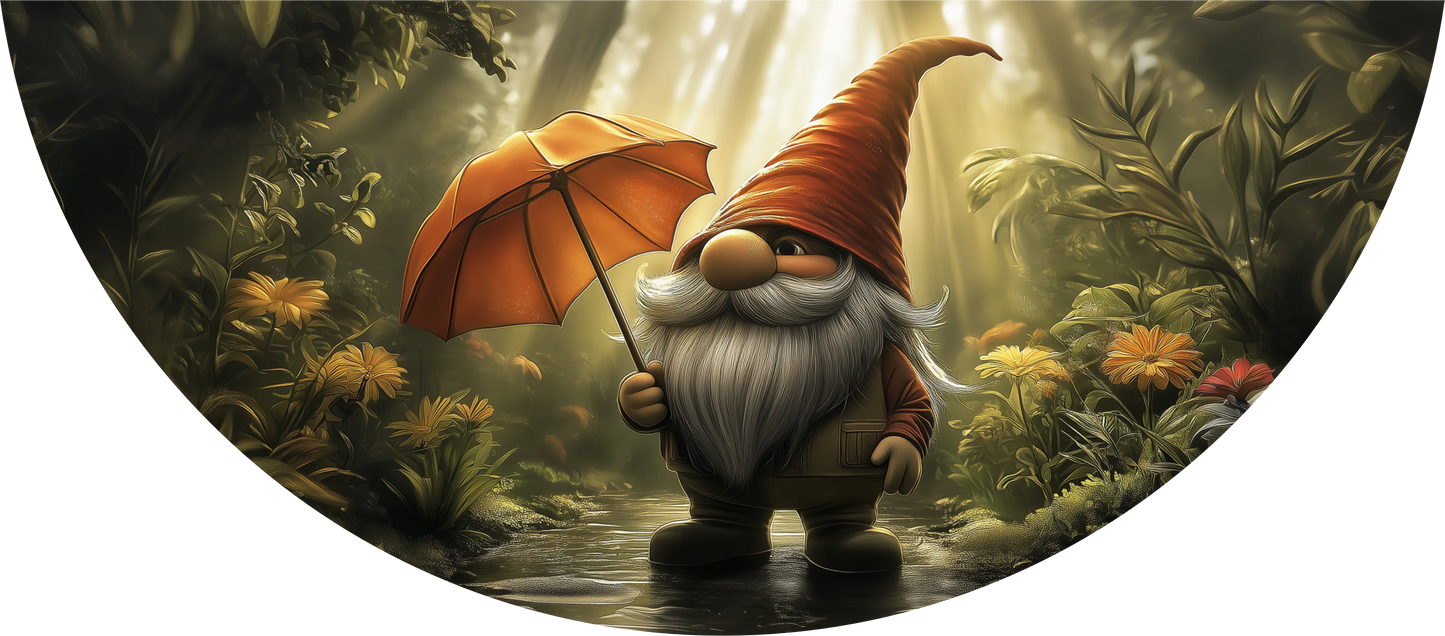 Gnome with an orange umbrella in a forest setting