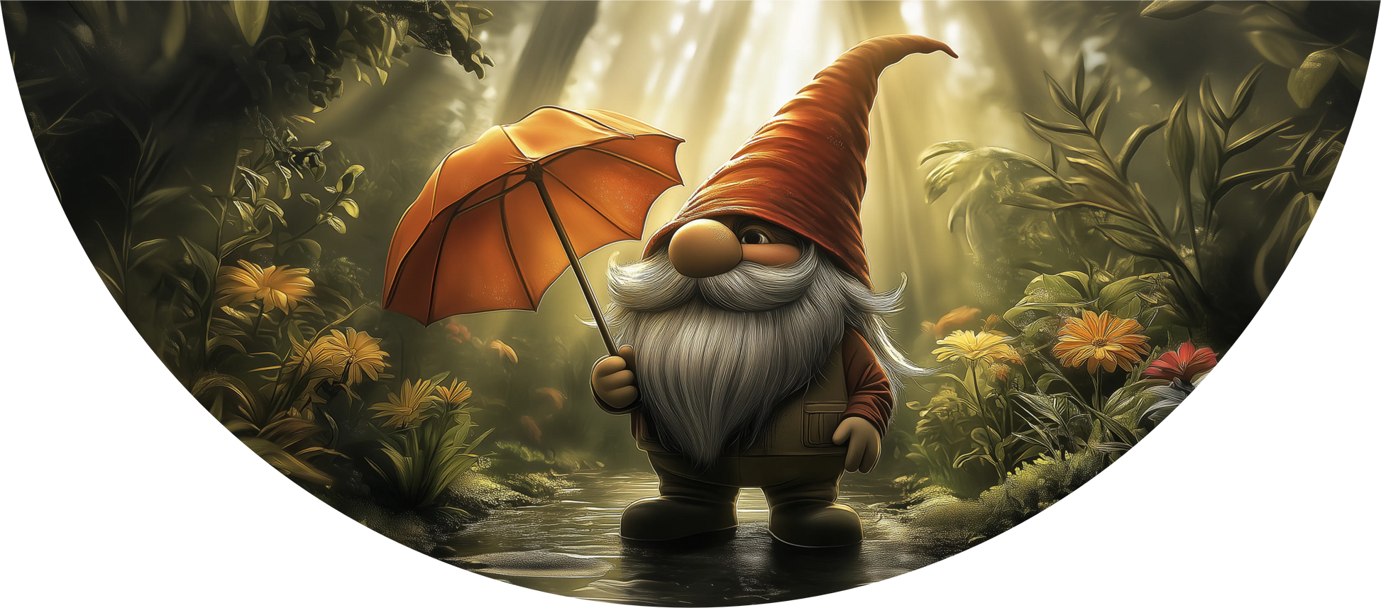 Gnome with an orange umbrella in a forest setting