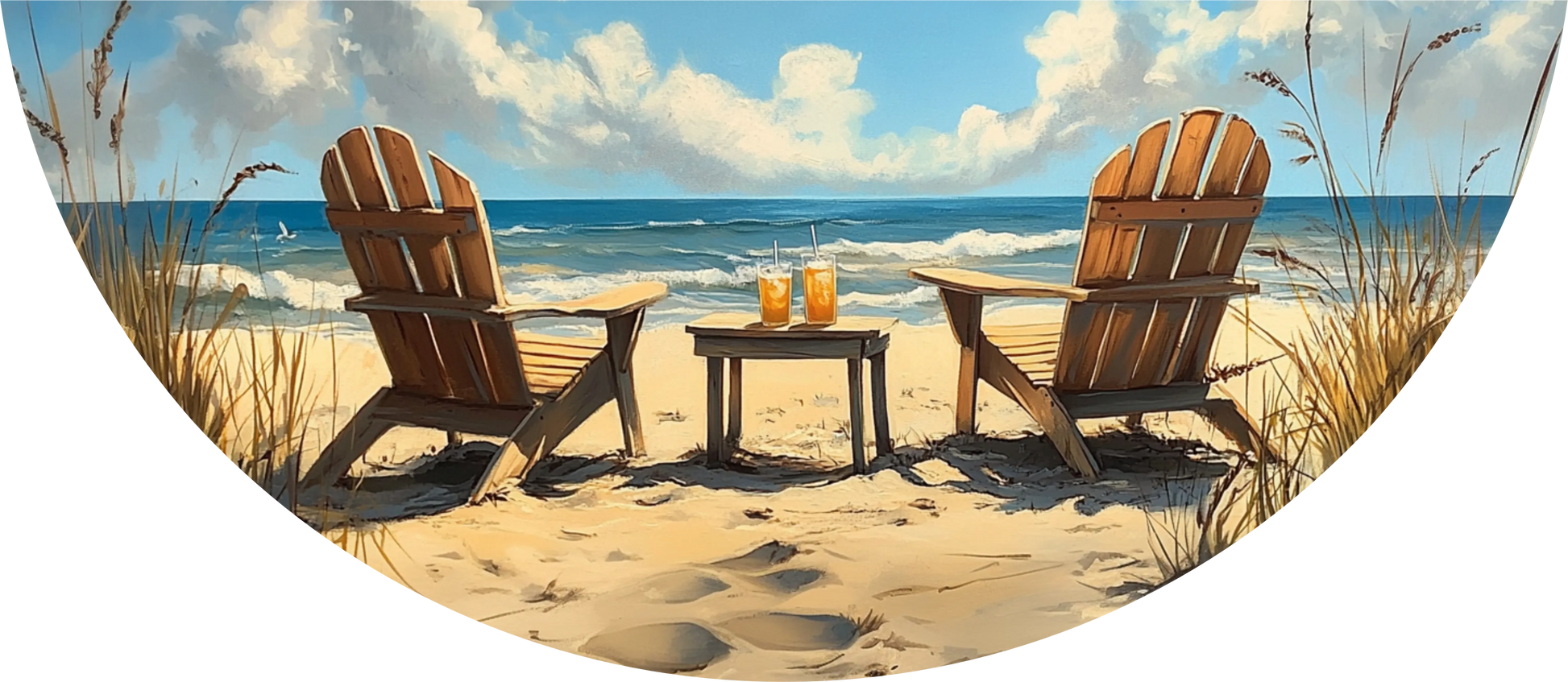 Two wooden Adirondack chairs on a sandy beach with a table and drinks, under a blue sky with clouds.