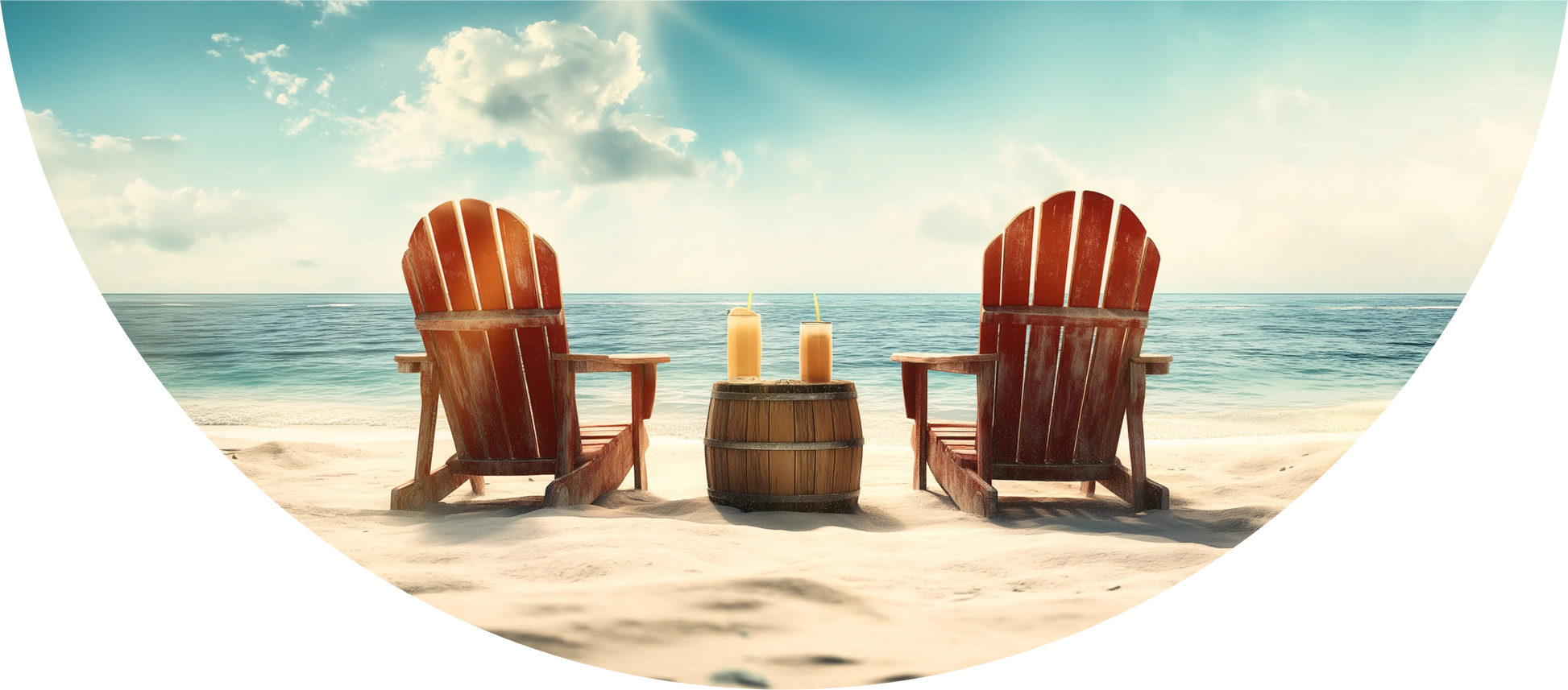 Two wooden Adirondack chairs on a sandy beach with a barrel and drinks, under a clear blue sky.