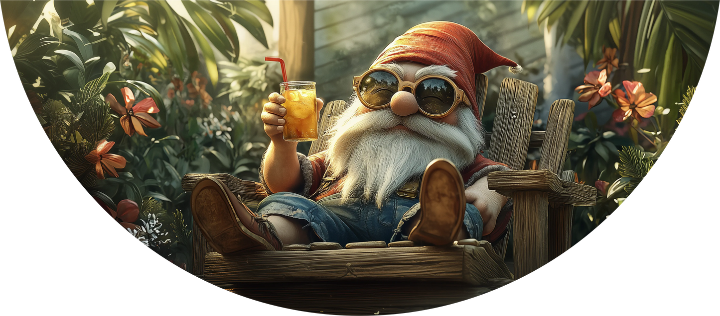 Gnome sitting on a bench in a garden holding a drink, wearing sunglasses and a red hat.