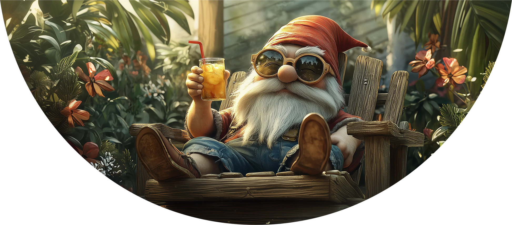 Gnome sitting on a bench in a garden holding a drink, wearing sunglasses and a red hat.