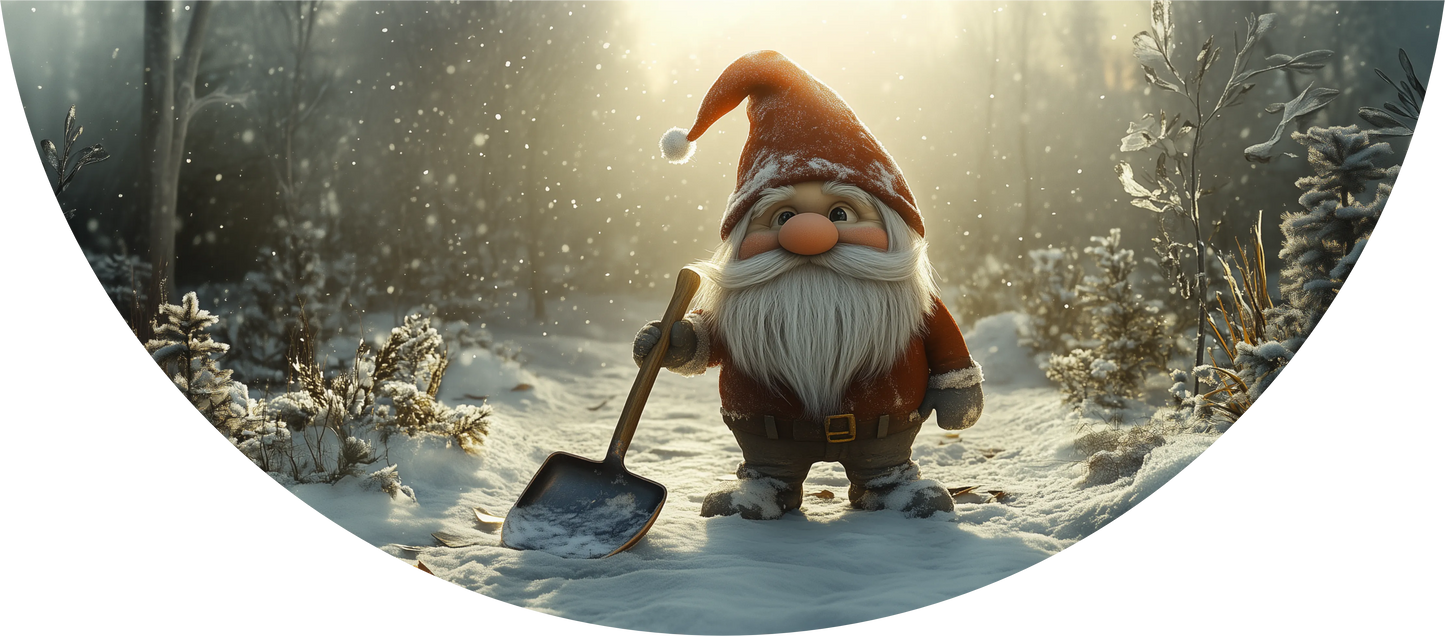 Animated gnome with a shovel in a snowy landscape