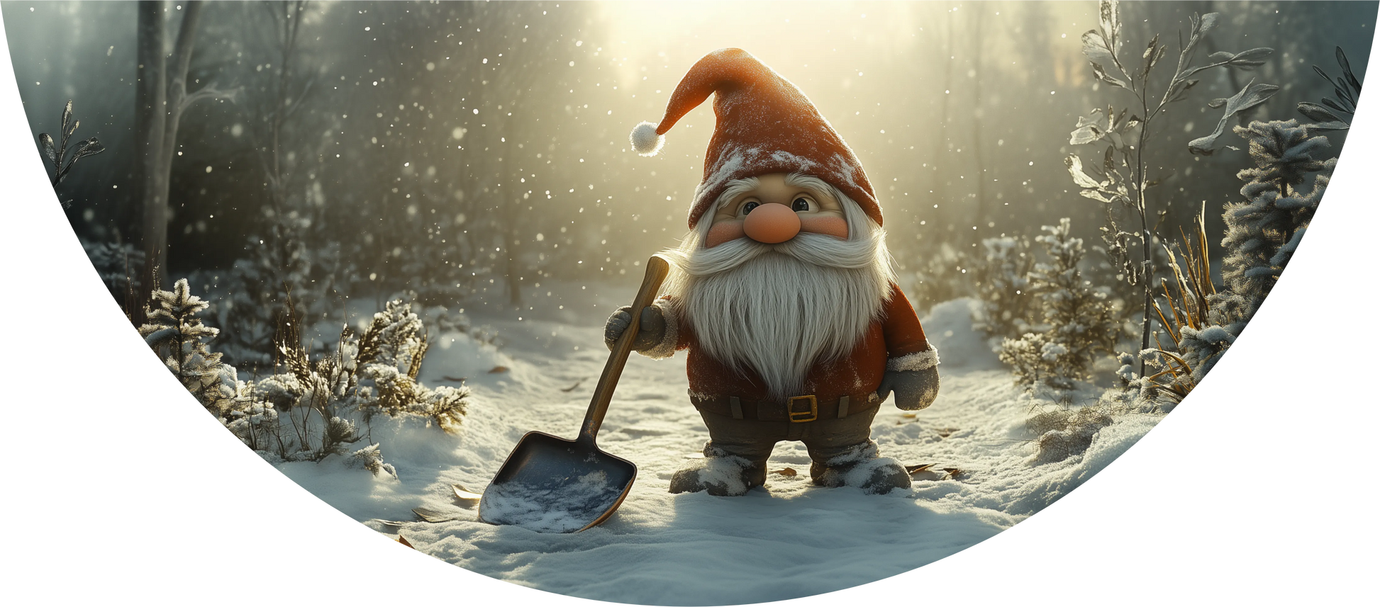 Animated gnome with a shovel in a snowy landscape